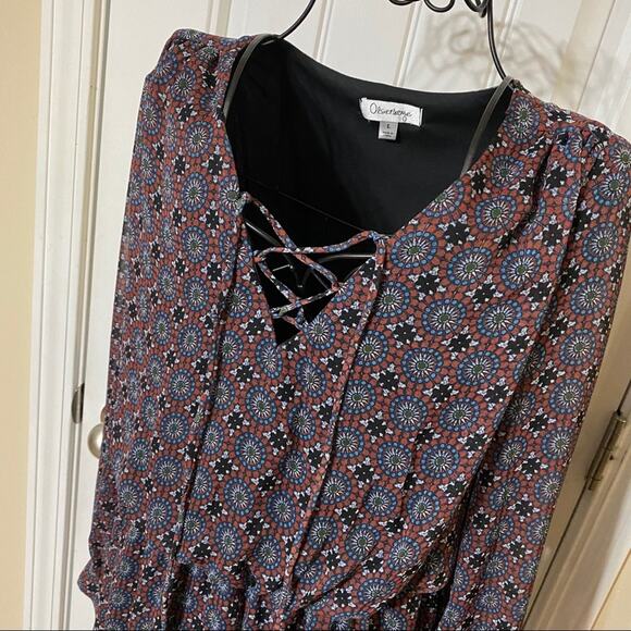 OLSENBOYE Dress Size Large Blue  Red Geometric Print V-Neck Long Sleeve Lined - Picture 4 of 11